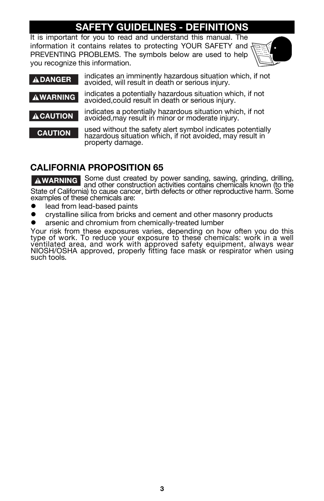 Porter-Cable 126 instruction manual Safety Guidelines Definitions, California Proposition 