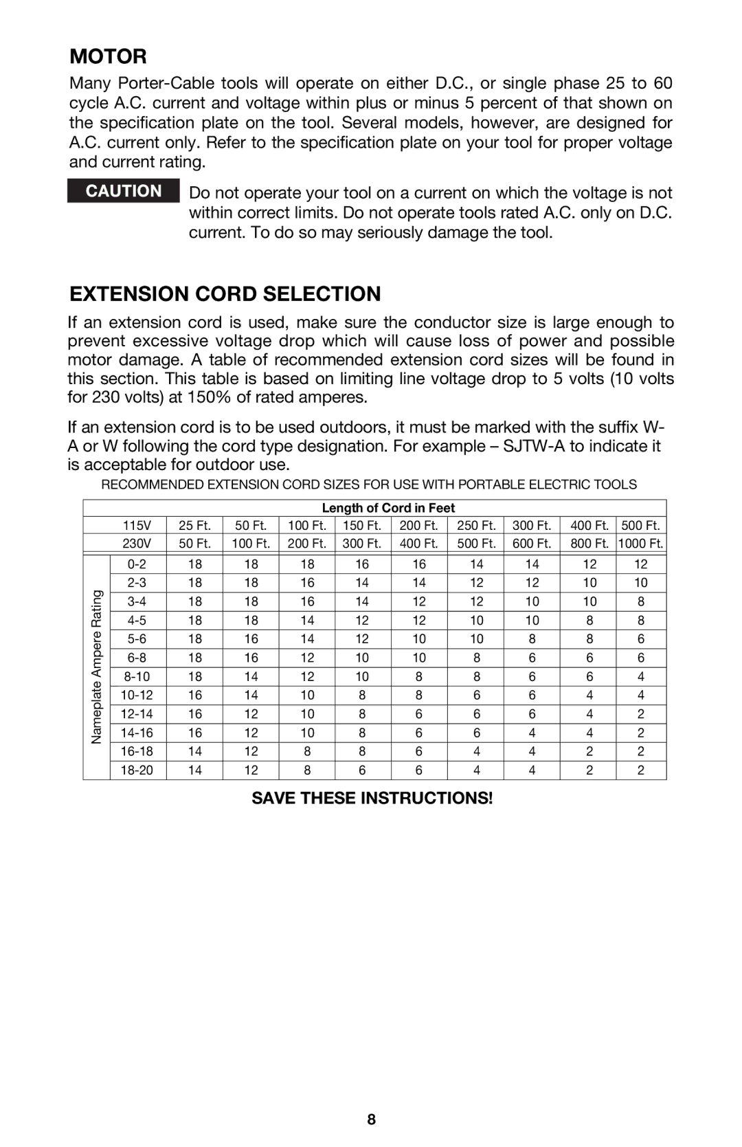 Porter-Cable 126 instruction manual Motor, Extension Cord Selection 