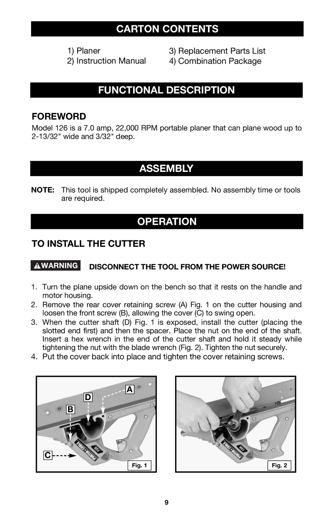 Porter-Cable 126 Carton Contents, Functional Description, Assembly Operation, Foreword, To Install the Cutter 