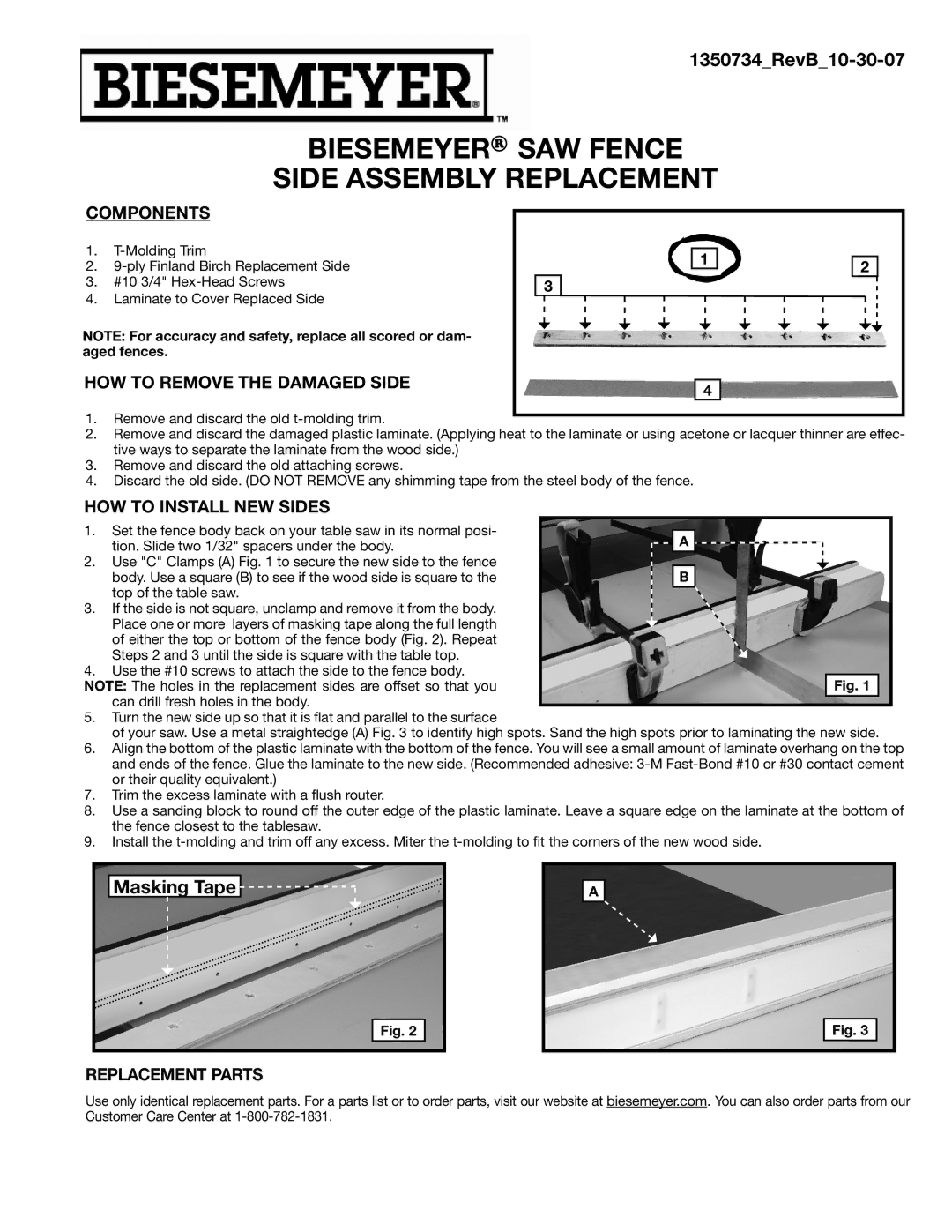 Porter-Cable manual Biesemeyer SAW Fence Side Assembly Replacement, 1350734RevB10-30-07, Masking Tape 