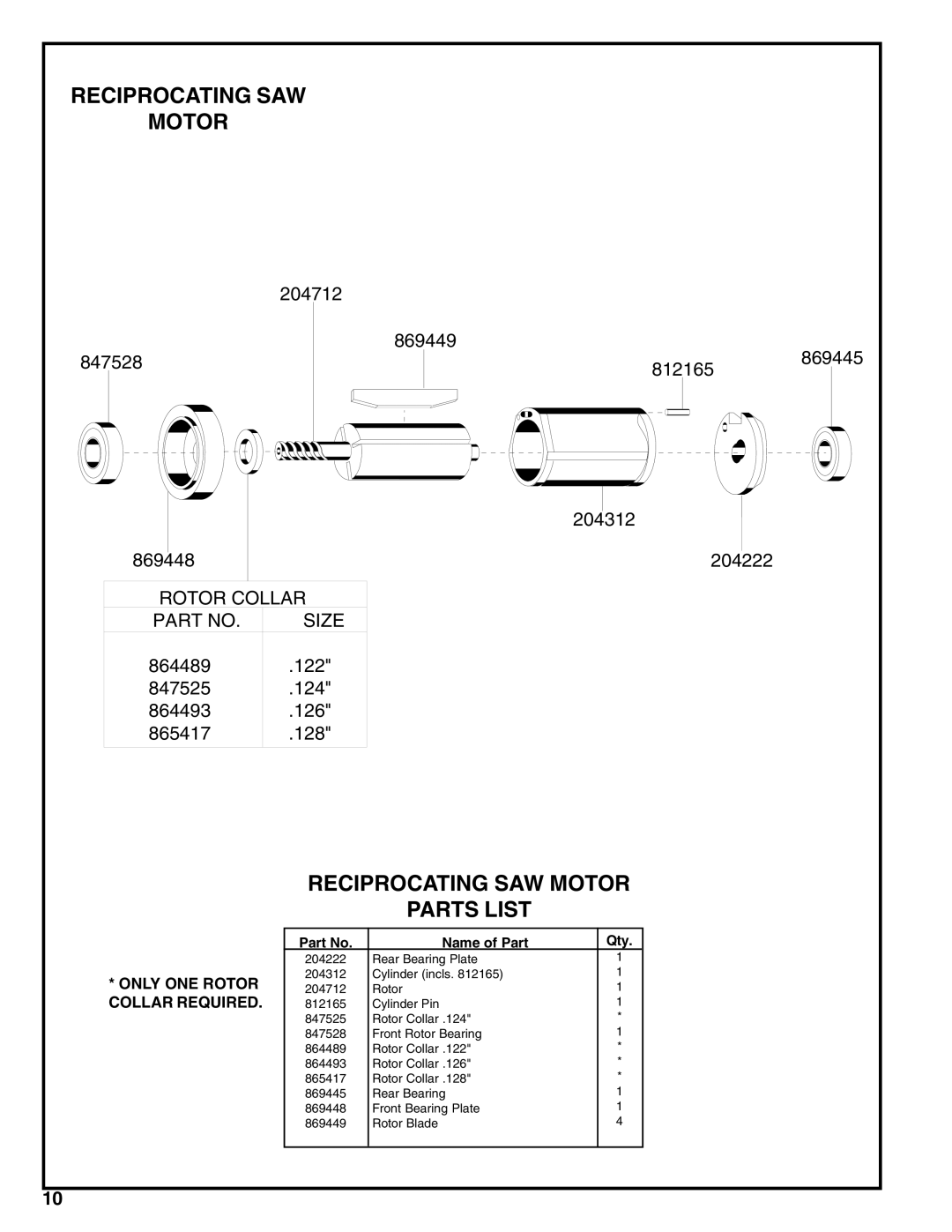 Porter-Cable 136 service manual Reciprocating SAW Motor, Parts List, Only ONE Rotor, Collar Required 