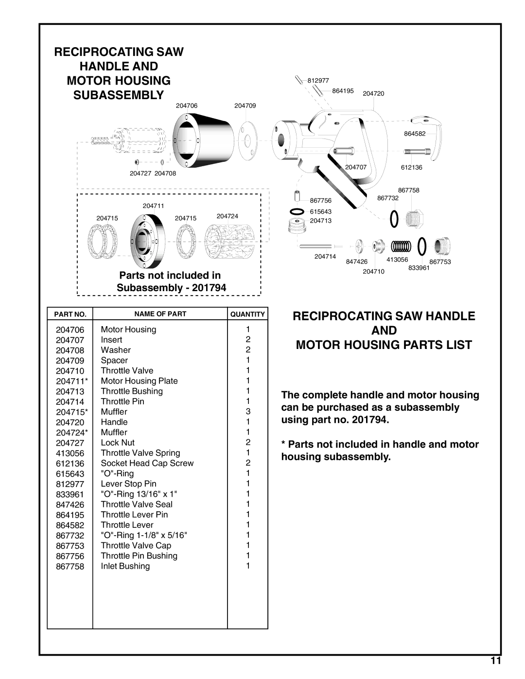 Porter-Cable 136 Reciprocating SAW Handle Motor Housing Subassembly, Reciprocating SAW Handle Motor Housing Parts List 