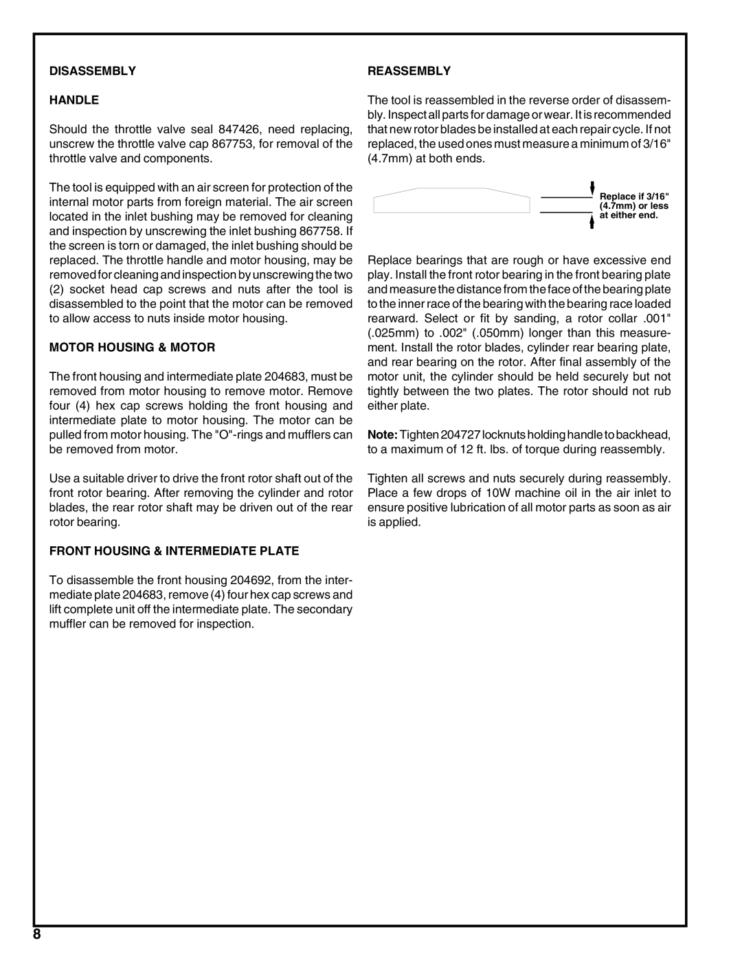 Porter-Cable 136 service manual Disassembly Handle, Motor Housing & Motor, Front Housing & Intermediate Plate, Reassembly 