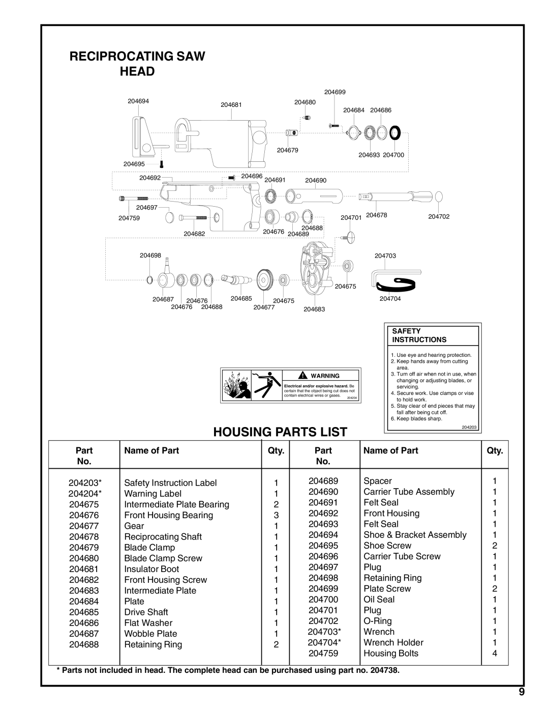 Porter-Cable 136 service manual Reciprocating SAW Head, Housing Parts List 