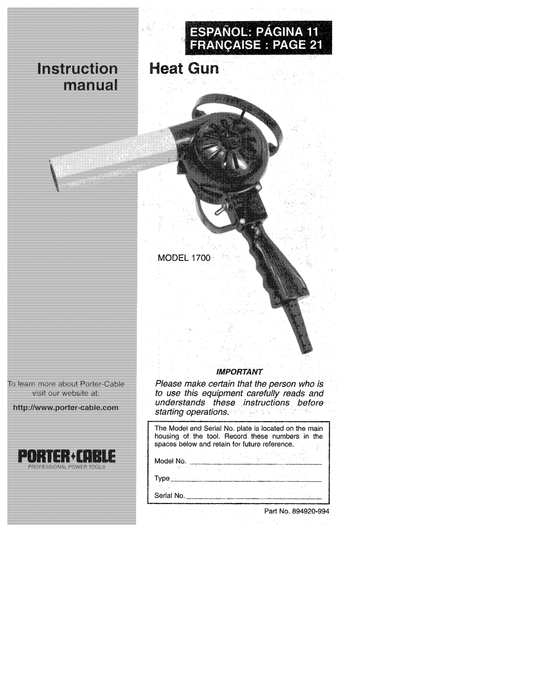 Porter-Cable 1700 manual 