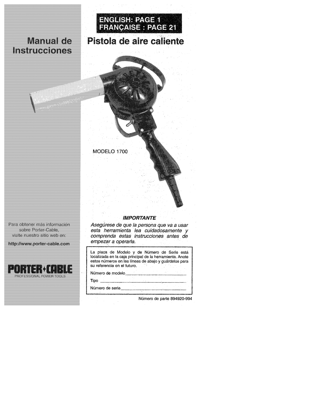 Porter-Cable 1700 manual 