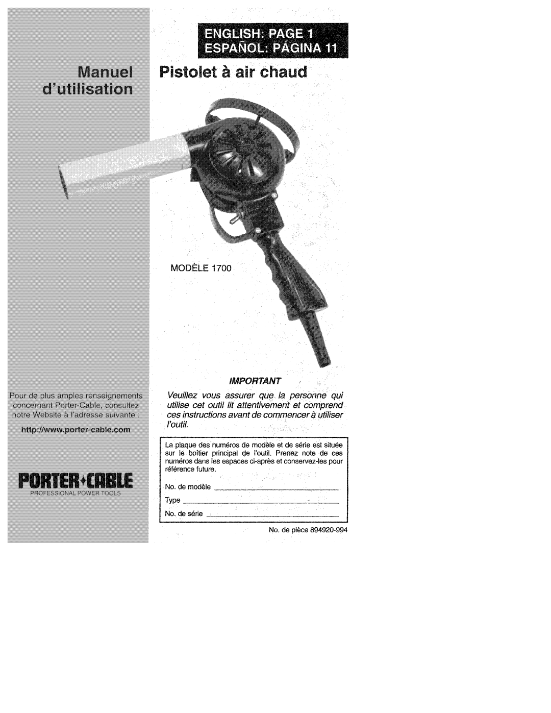 Porter-Cable 1700 manual 