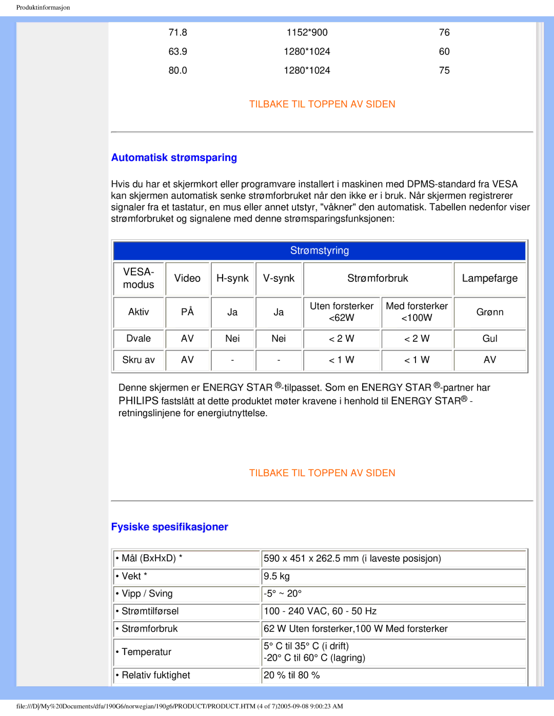 Porter-Cable 190G6 user manual Automatisk strømsparing, Fysiske spesifikasjoner 