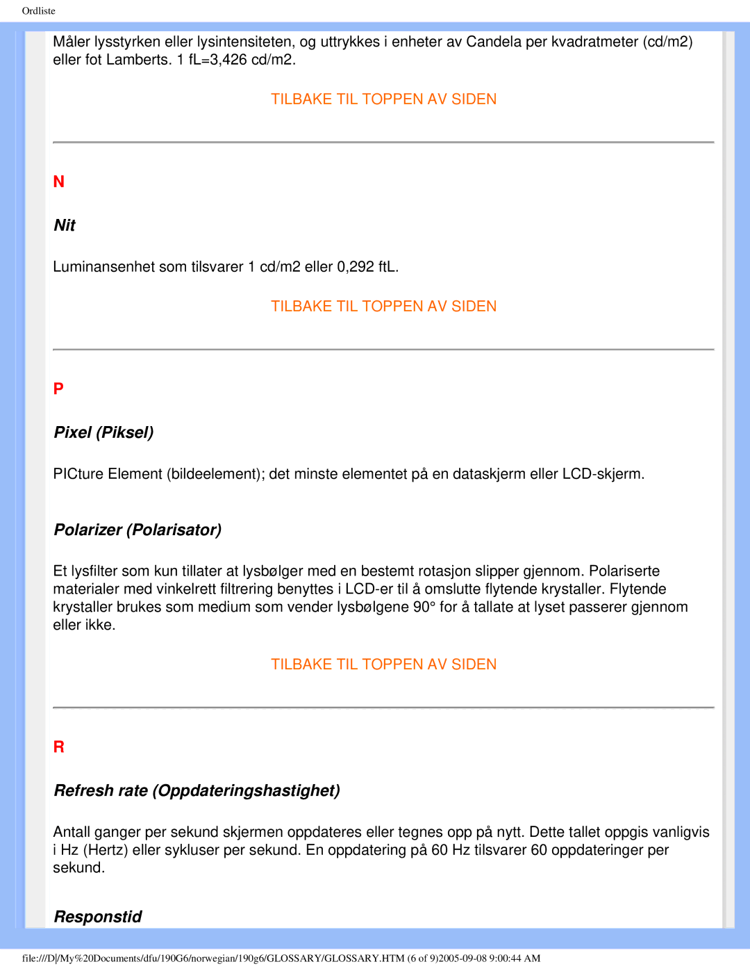 Porter-Cable 190G6 user manual Nit, Pixel Piksel, Polarizer Polarisator, Refresh rate Oppdateringshastighet, Responstid 