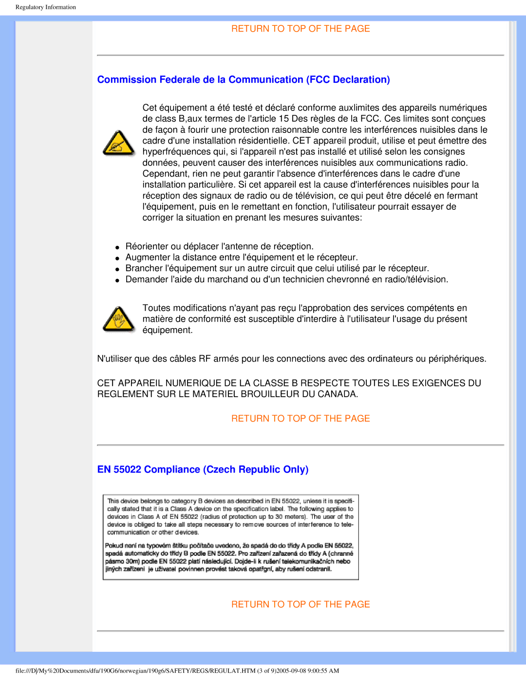 Porter-Cable 190G6 Commission Federale de la Communication FCC Declaration, EN 55022 Compliance Czech Republic Only 