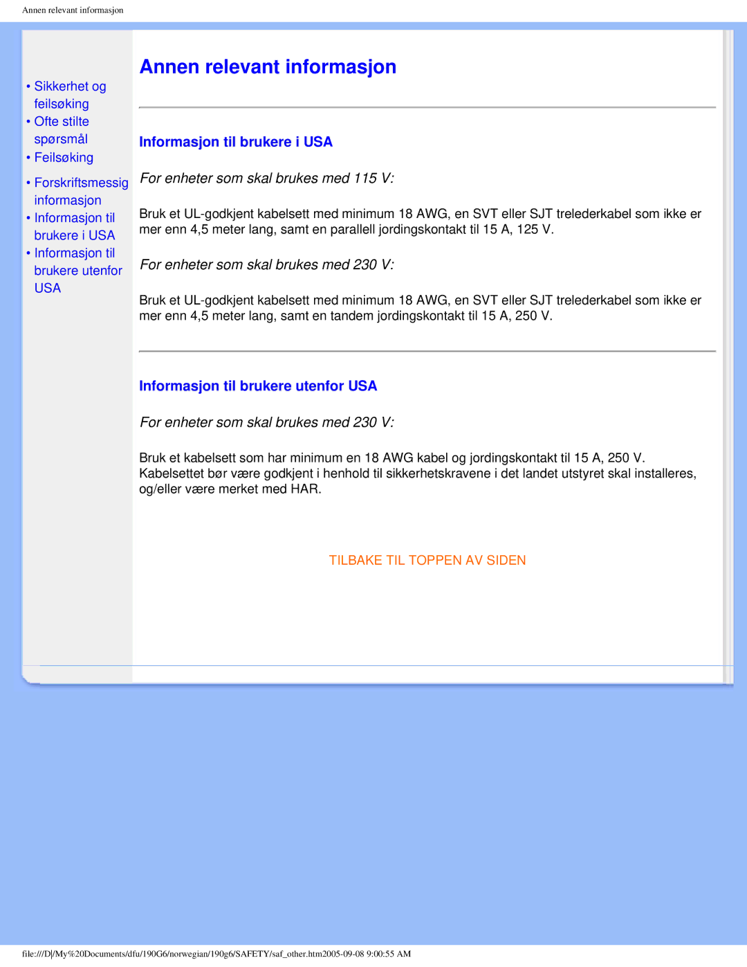 Porter-Cable 190G6 user manual Informasjon til brukere i USA, Informasjon til brukere utenfor USA 