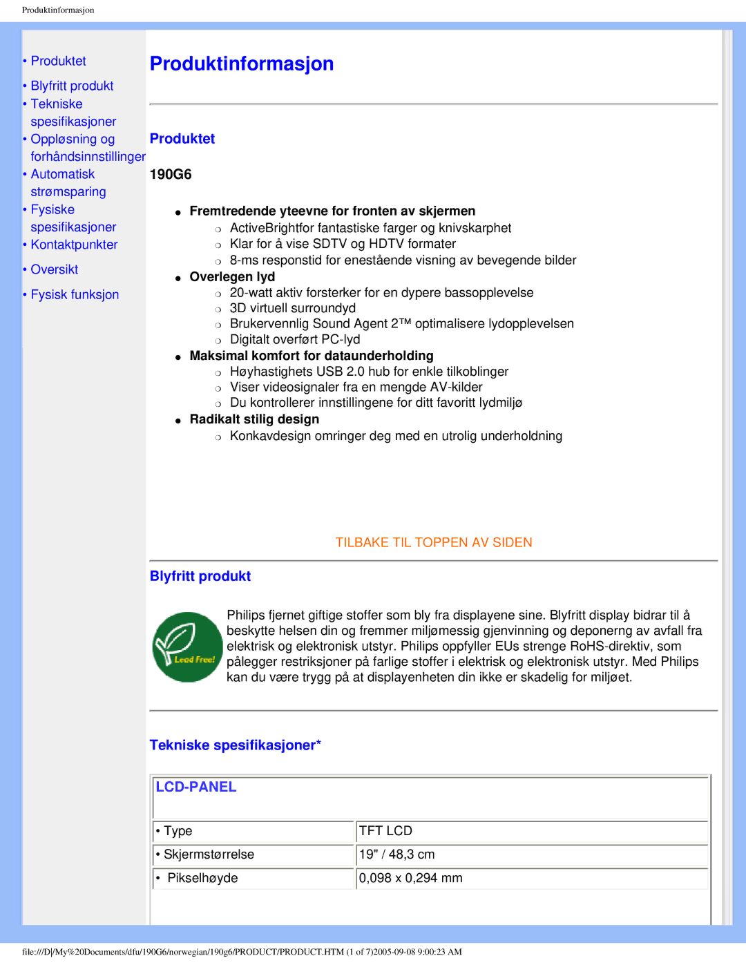 Porter-Cable 190G6 user manual Produktet, Blyfritt produkt, Tekniske spesifikasjoner 