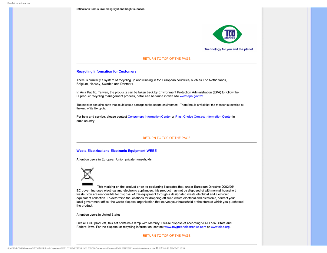 Porter-Cable 223EI user manual Recycling Information for Customers, Waste Electrical and Electronic Equipment-WEEE 