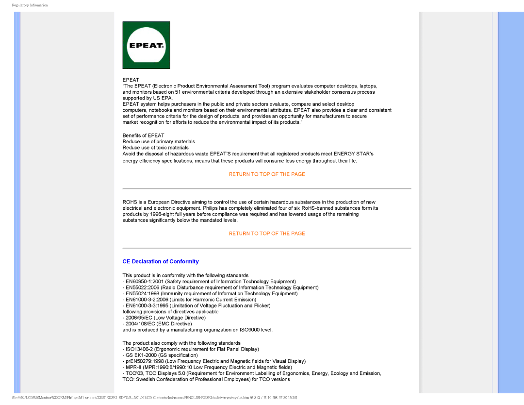 Porter-Cable 223EI user manual CE Declaration of Conformity, Epeat 