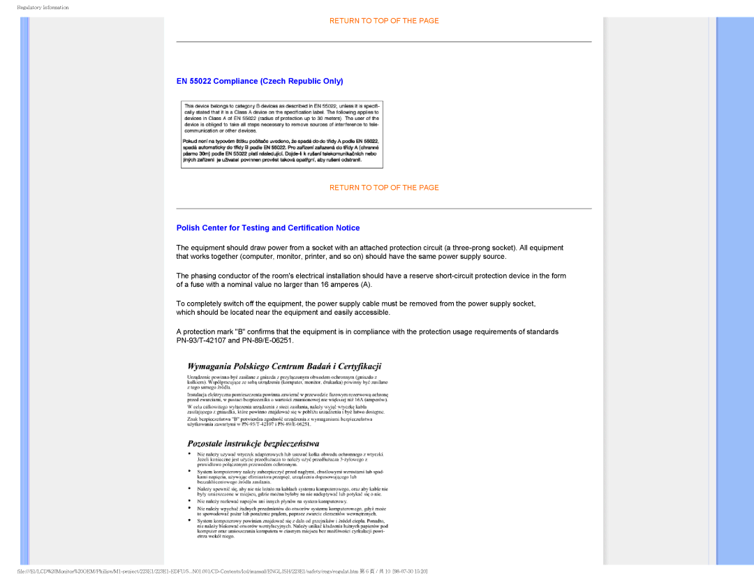 Porter-Cable 223EI user manual EN 55022 Compliance Czech Republic Only, Polish Center for Testing and Certification Notice 