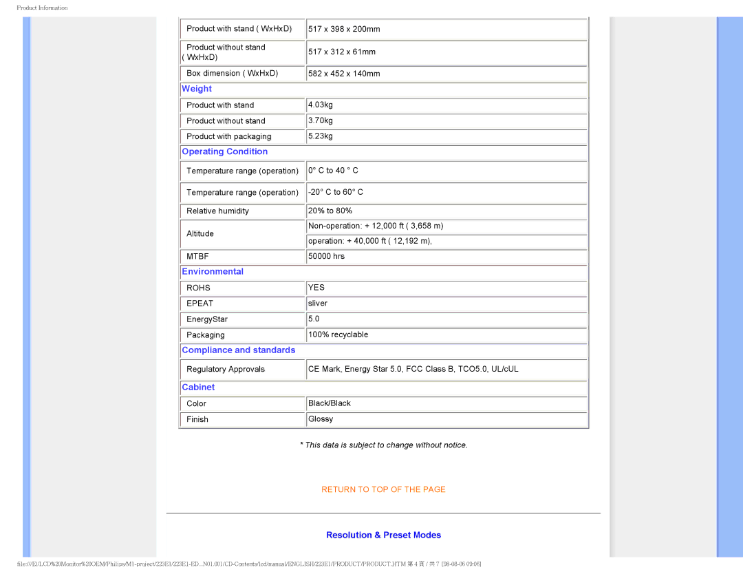 Porter-Cable 223EI user manual Operating Condition, Resolution & Preset Modes 