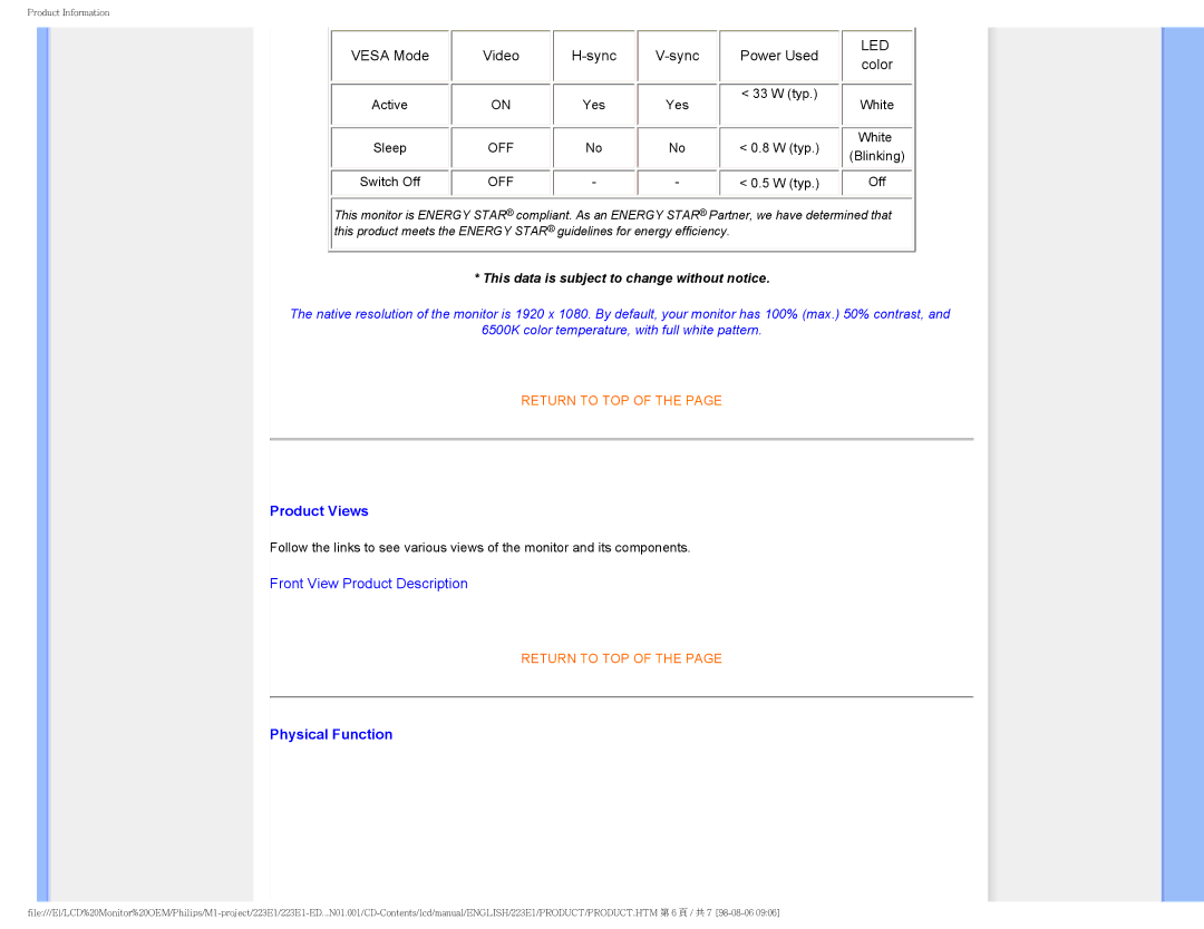 Porter-Cable 223EI user manual Product Views, Physical Function 