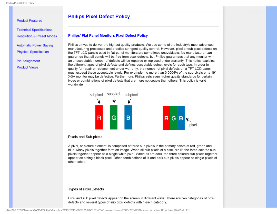 Porter-Cable 223EI user manual Philips Pixel Defect Policy, Philips Flat Panel Monitors Pixel Defect Policy 