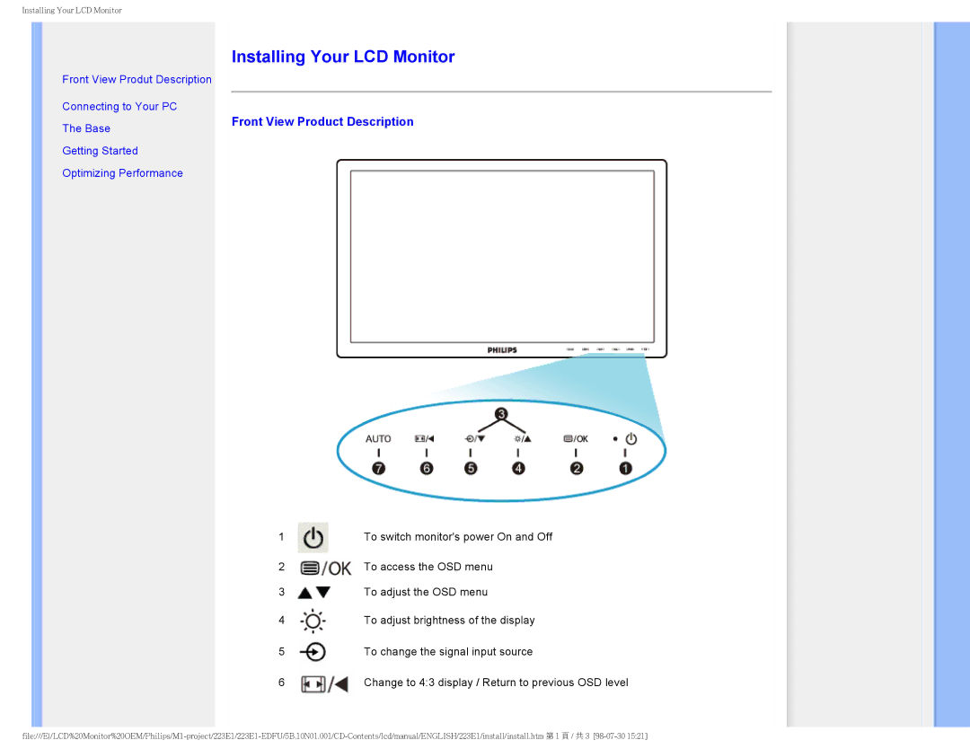 Porter-Cable 223EI user manual Installing Your LCD Monitor, Front View Product Description 