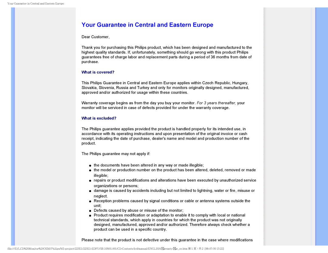 Porter-Cable 223EI user manual Your Guarantee in Central and Eastern Europe 