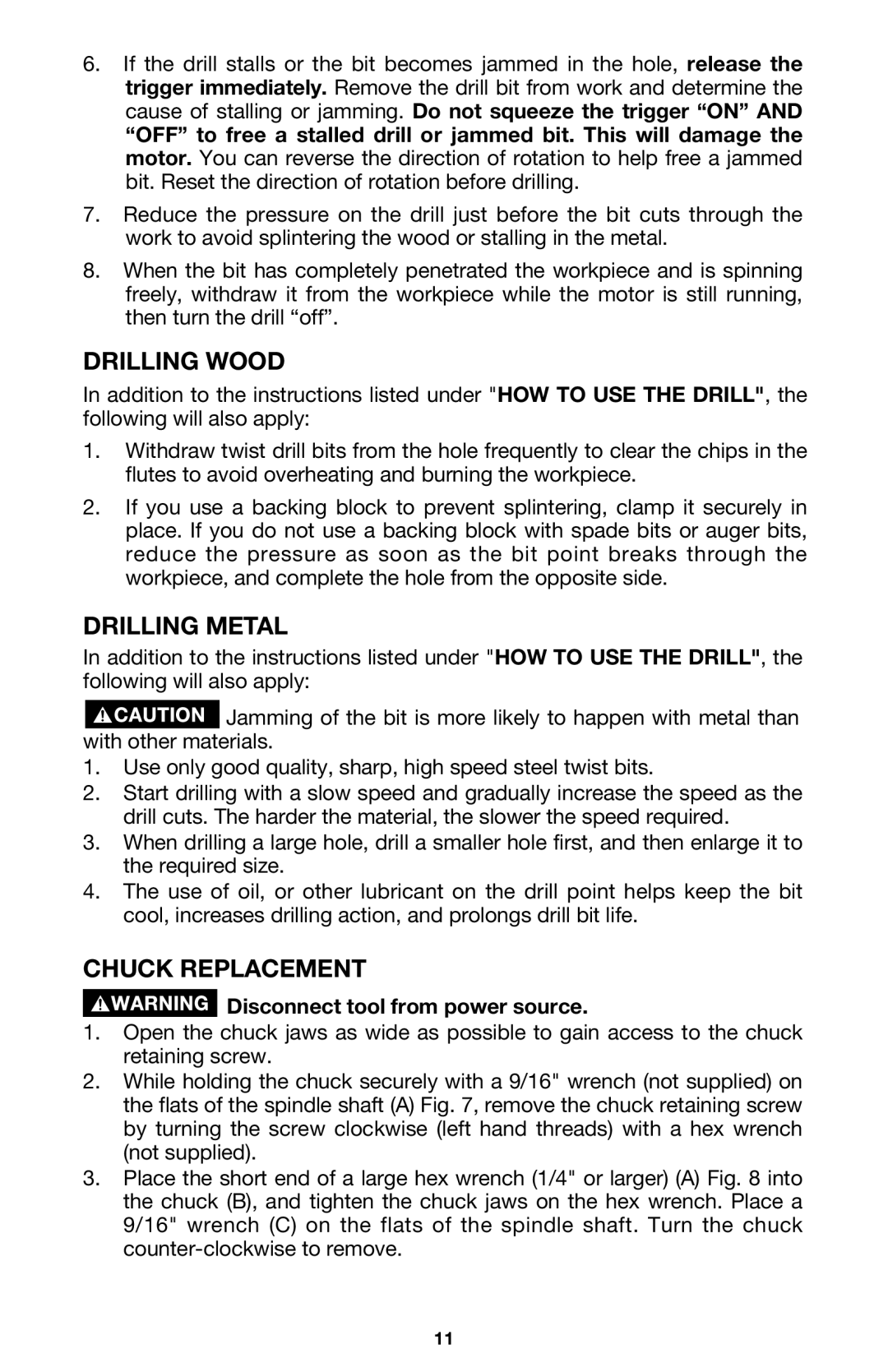 Porter-Cable 2614, 2611, 2610, 2615 instruction manual Drilling Wood, Drilling Metal, Chuck Replacement 