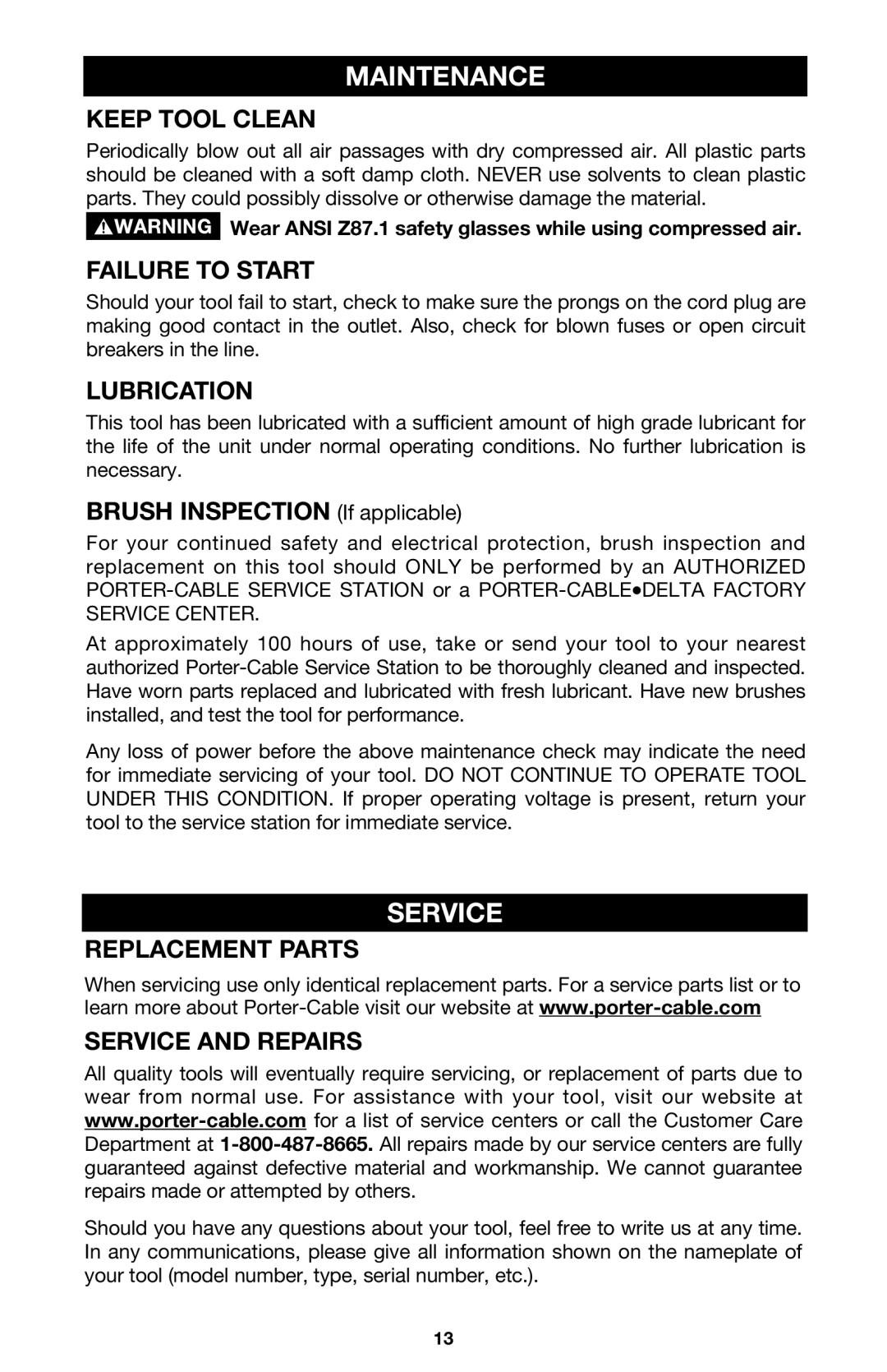 Porter-Cable 2610, 2611, 2615, 2614 instruction manual Maintenance, Service 