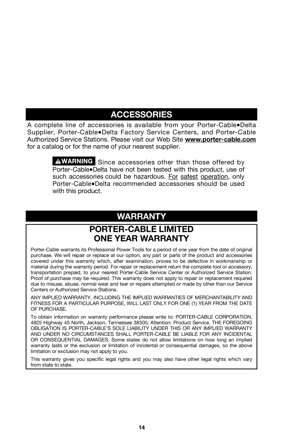 Porter-Cable 2615, 2611, 2610, 2614 instruction manual Accessories, Warranty 