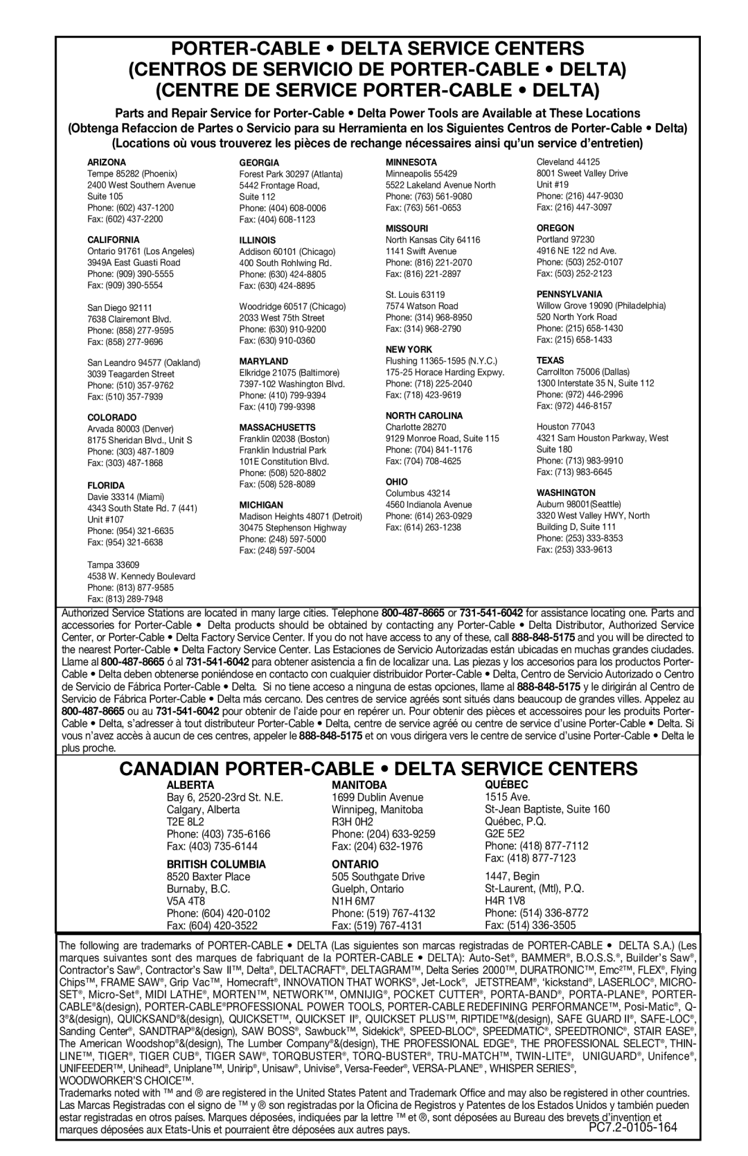 Porter-Cable 2614, 2611, 2610, 2615 instruction manual Canadian PORTER-CABLE Delta Service Centers 