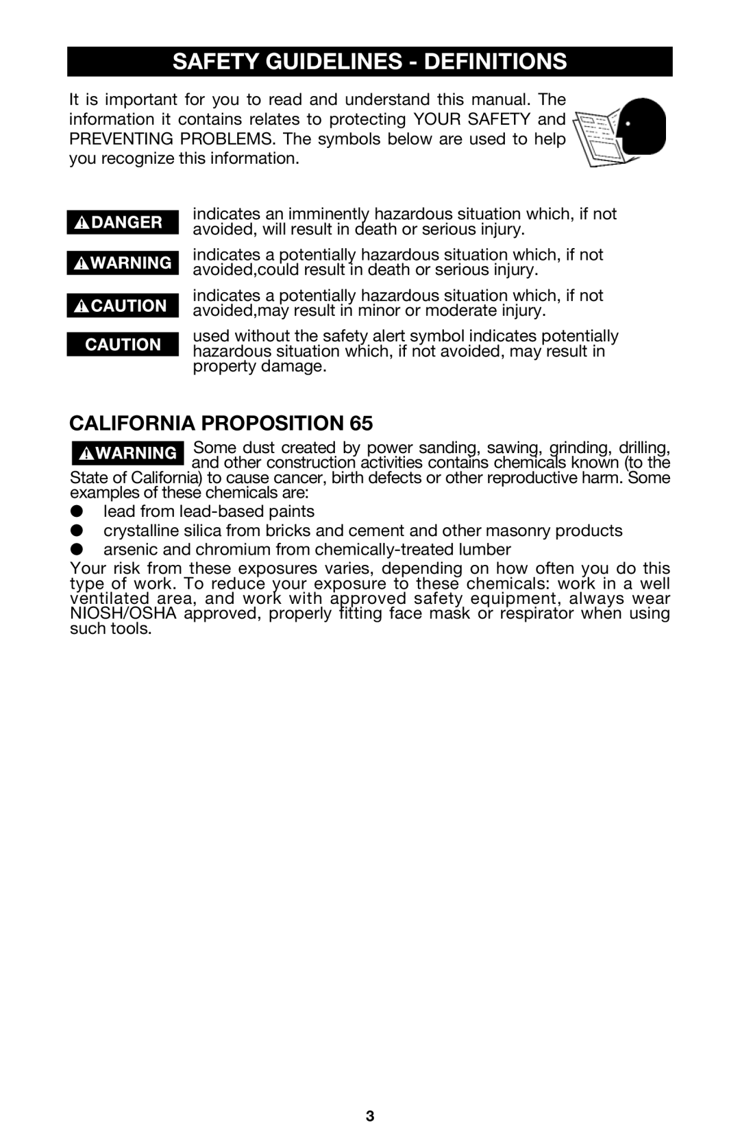 Porter-Cable 2614, 2611, 2610, 2615 instruction manual Safety Guidelines Definitions, California Proposition 