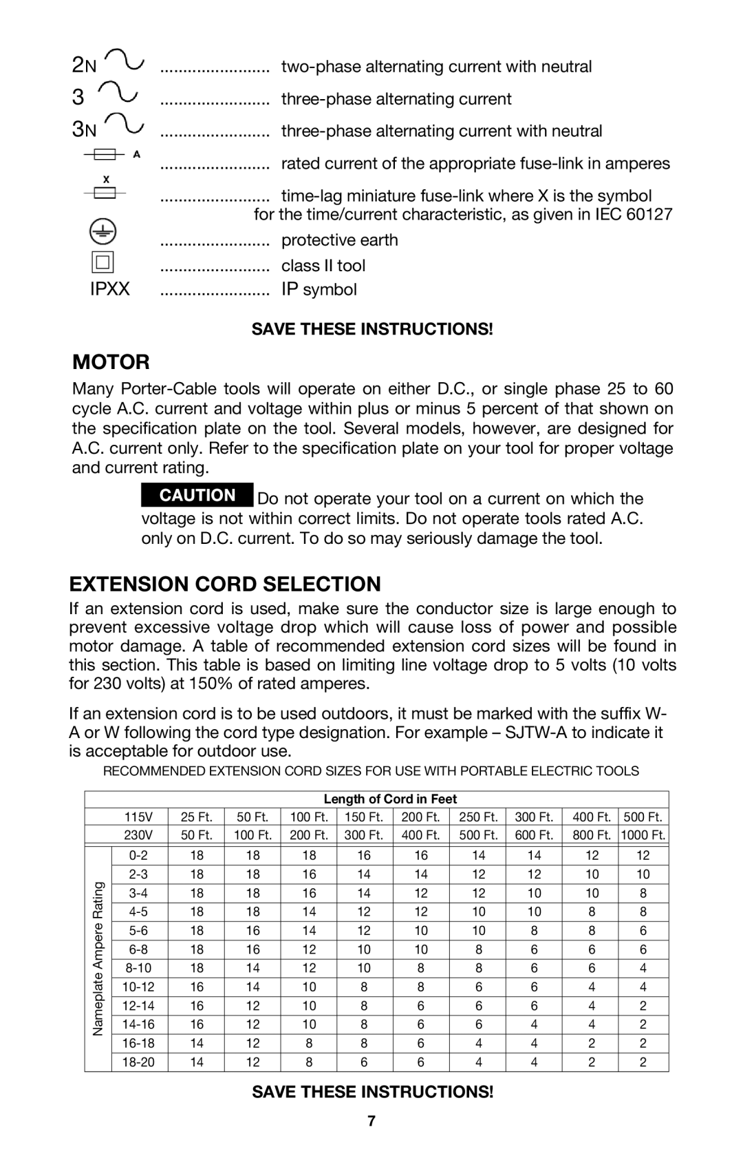 Porter-Cable 2614, 2611, 2610, 2615 instruction manual Motor, Extension Cord Selection 