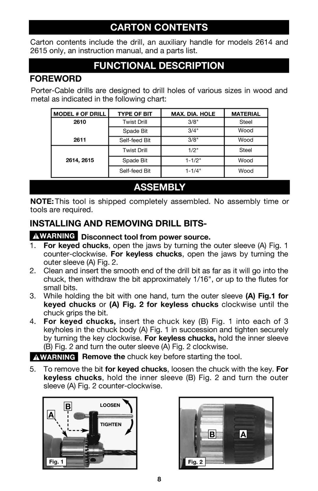 Porter-Cable 2611, 2610, 2615, 2614 instruction manual Carton Contents Functional Description, Assembly 