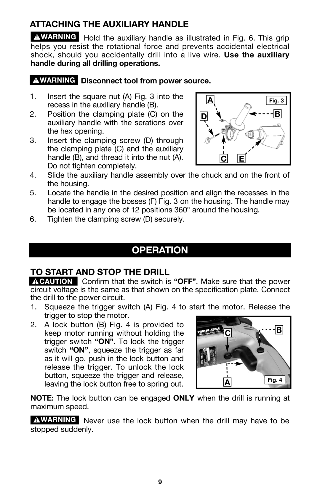 Porter-Cable 2610, 2611, 2615, 2614 instruction manual Operation, Attaching the Auxiliary Handle, To Start and Stop the Drill 