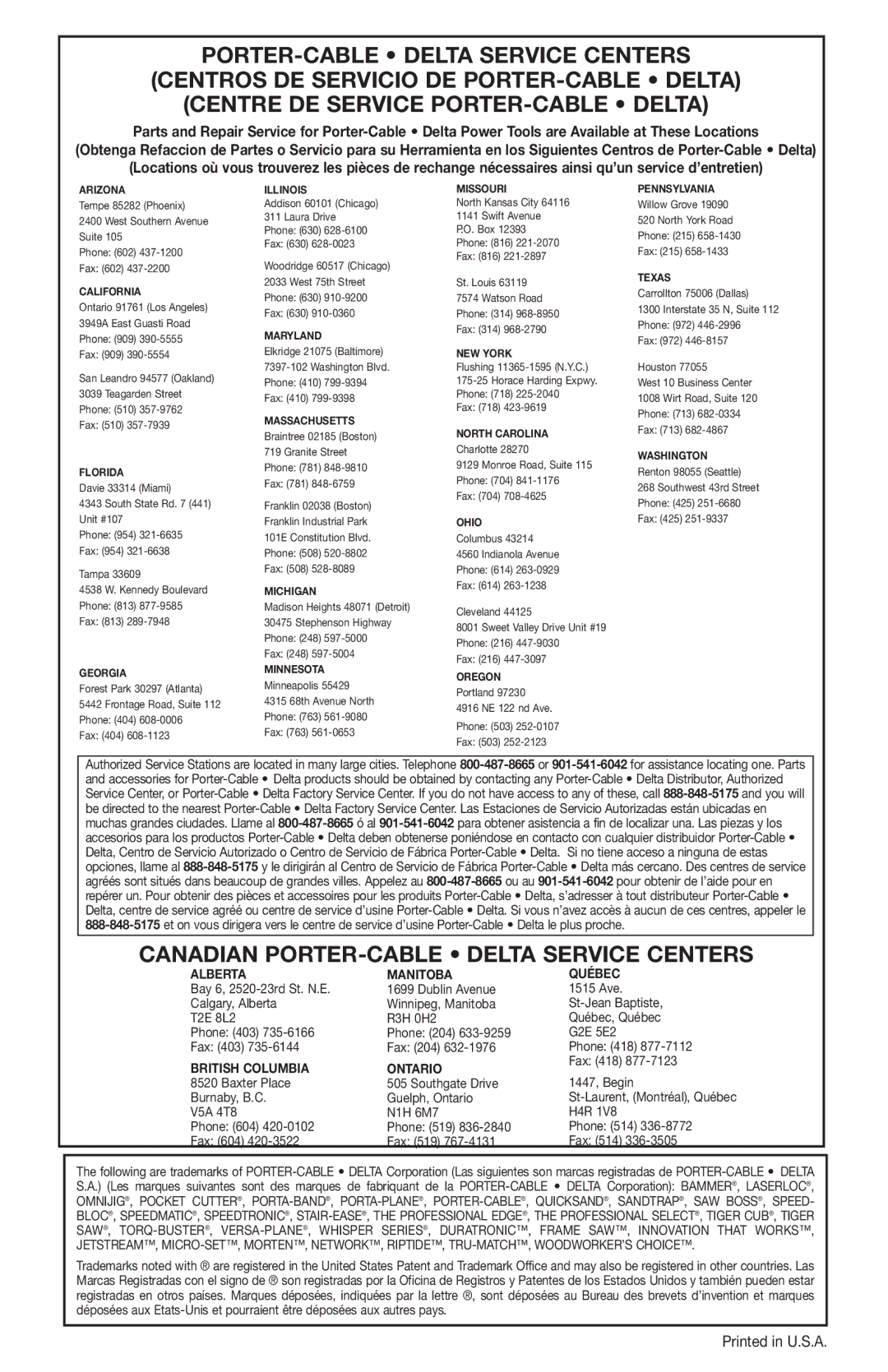 Porter-Cable 2650, 2640 instruction manual Canadian PORTER-CABLE Delta Service Centers 