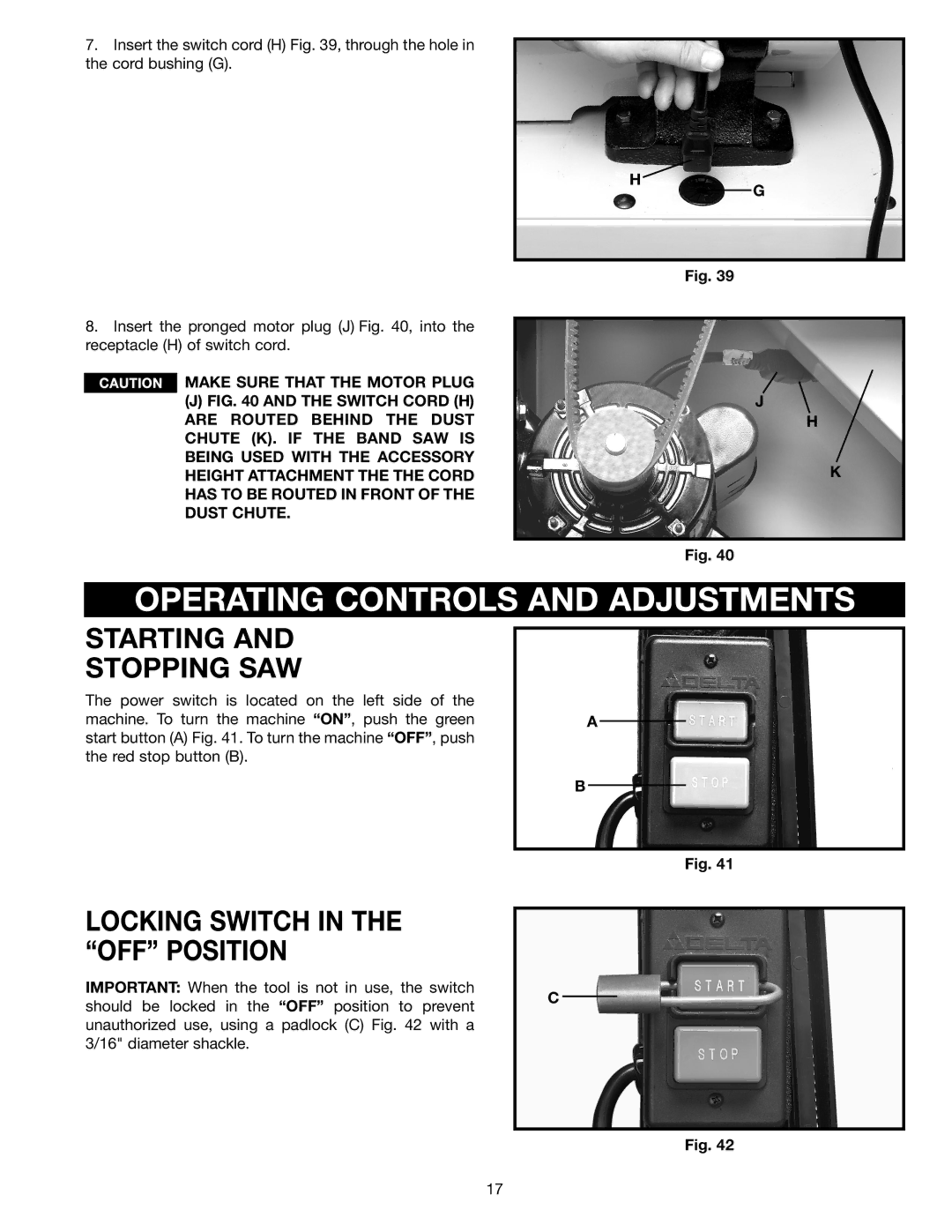 Porter-Cable 28-475X, 28-248 Operating Controls and Adjustments, Starting Stopping SAW, Locking Switch in the OFF Position 