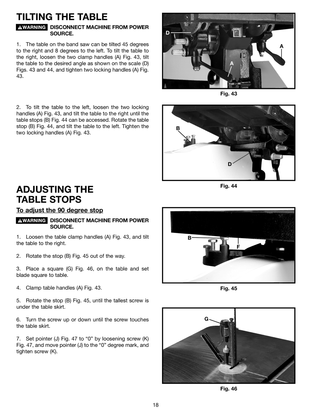 Porter-Cable 28-248, 28-475X Tilting the Table, Adjusting Table Stops, Disconnect Machine from Power Source 