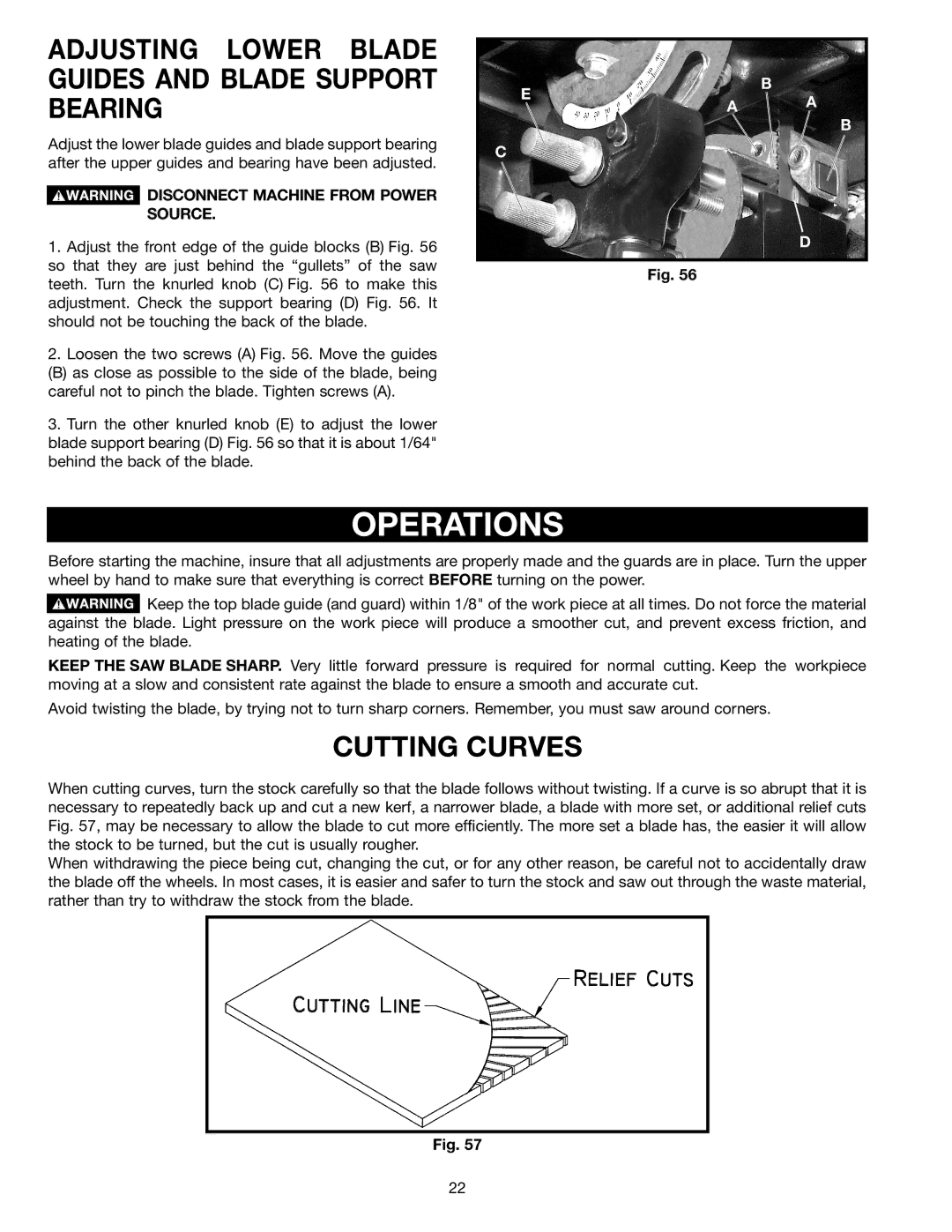 Porter-Cable 28-248, 28-475X Operations, Adjusting Lower Blade Guides and Blade Support Bearing, Cutting Curves 