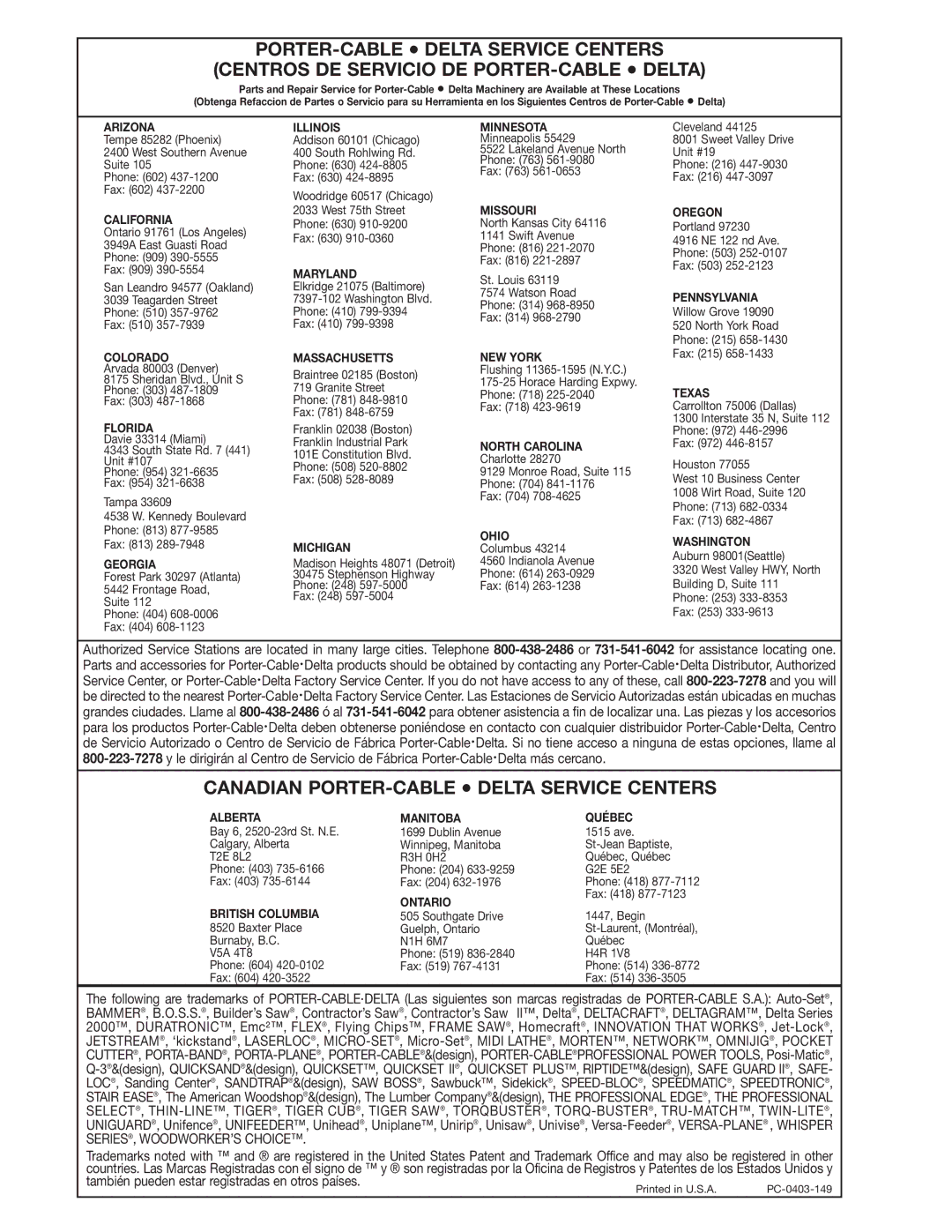 Porter-Cable 28-248, 28-475X instruction manual Canadian PORTER-CABLE Delta Service Centers 