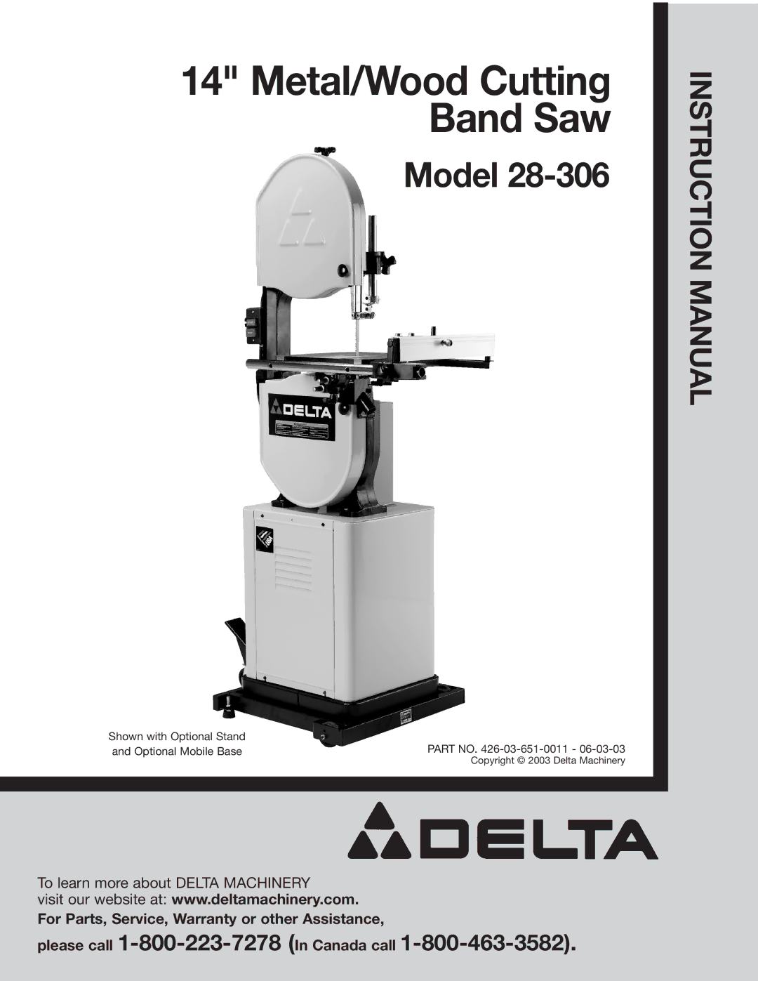 Porter-Cable 28-306 instruction manual Metal/Wood Cutting Band Saw 