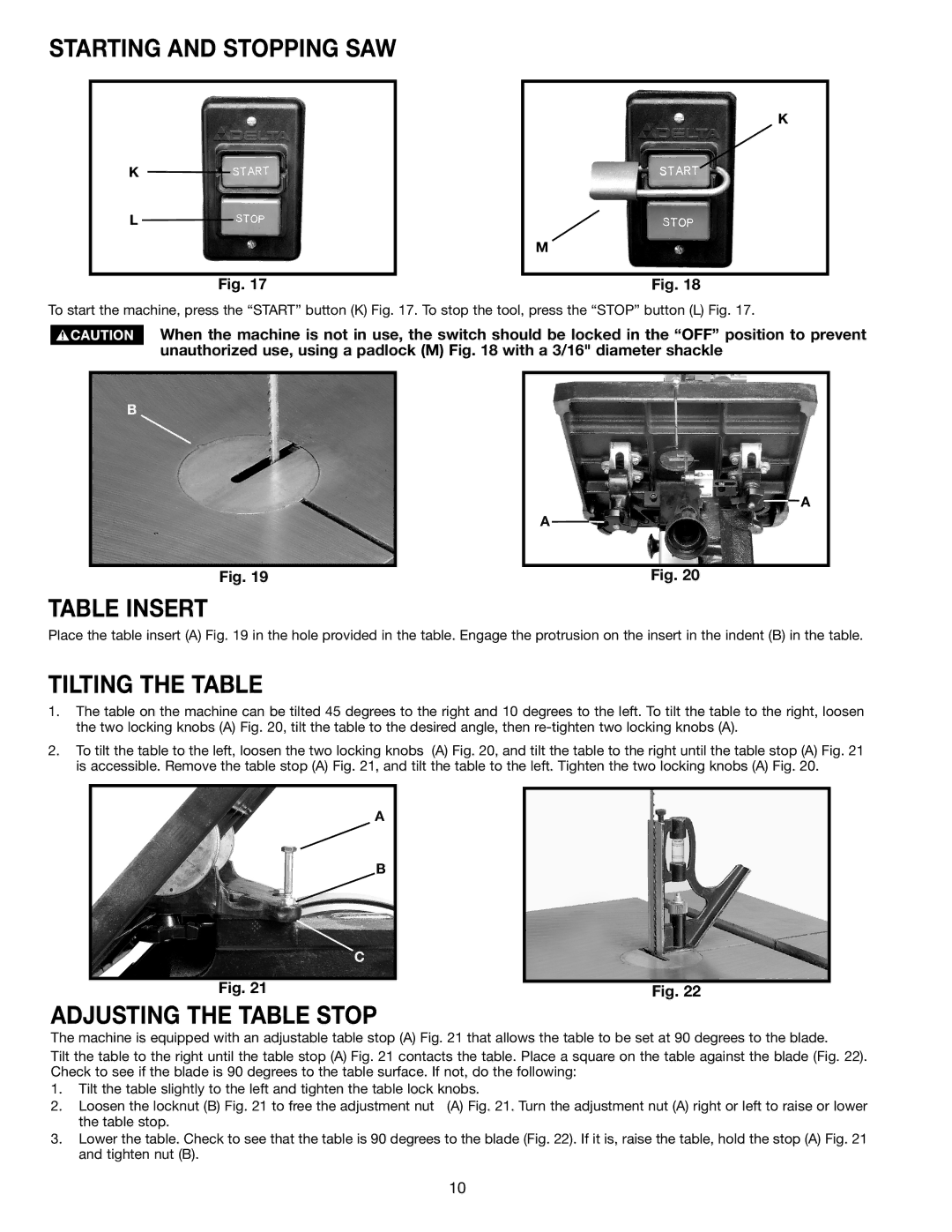 Porter-Cable 28-306 instruction manual Starting and Stopping SAW, Table Insert, Tilting the Table, Adjusting the Table Stop 