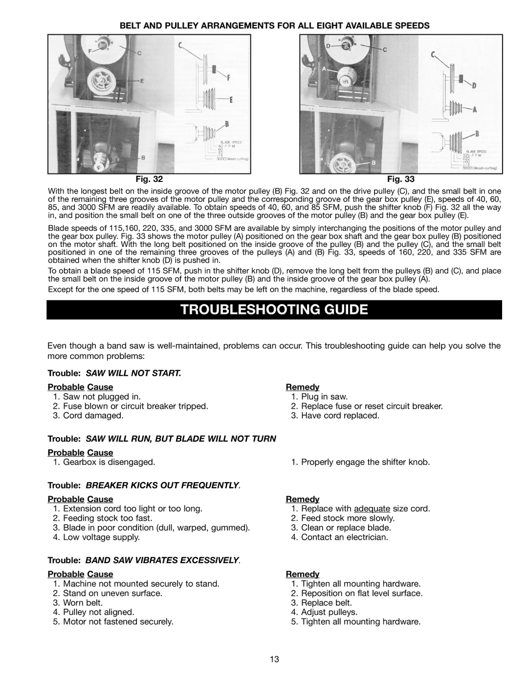 Porter-Cable 28-306 instruction manual Troubleshooting Guide, Belt and Pulley Arrangements for ALL Eight Available Speeds 