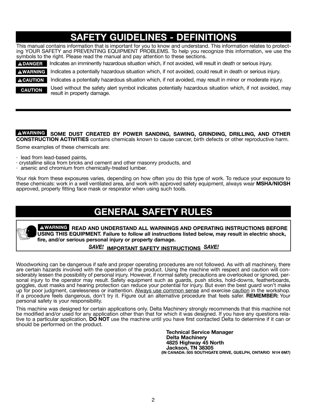 Porter-Cable 28-306 Safety Guidelines Definitions, General Safety Rules, SAVE! Important Safety Instructions Save 