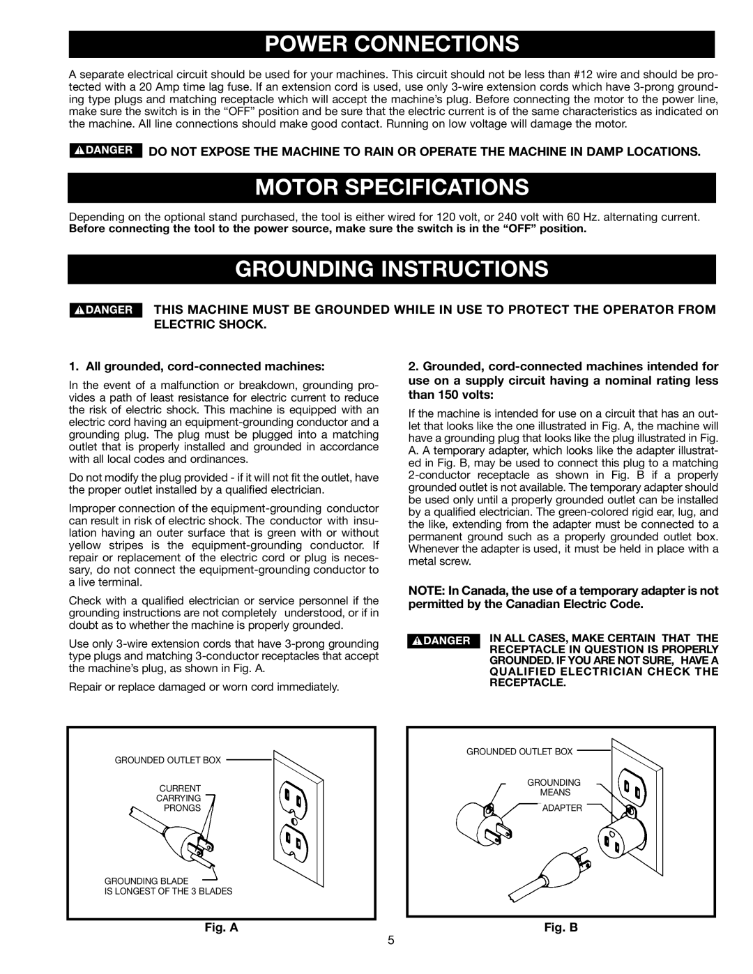 Porter-Cable 28-306 instruction manual Power Connections, Motor Specifications, Grounding Instructions 