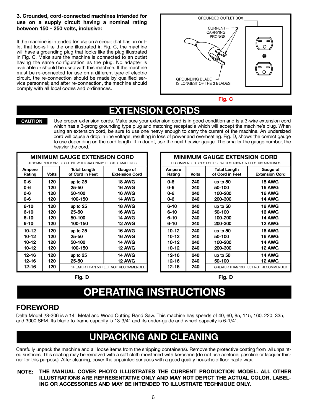 Porter-Cable 28-306 instruction manual Extension Cords, Unpacking and Cleaning, Foreword 