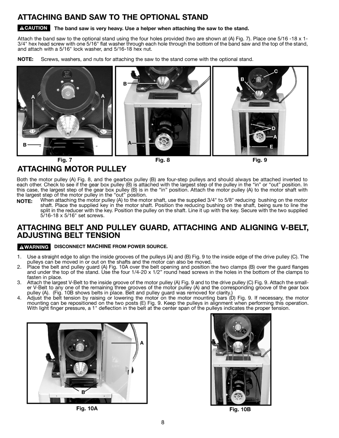 Porter-Cable 28-306 instruction manual Attaching Band SAW to the Optional Stand, Attaching Motor Pulley 