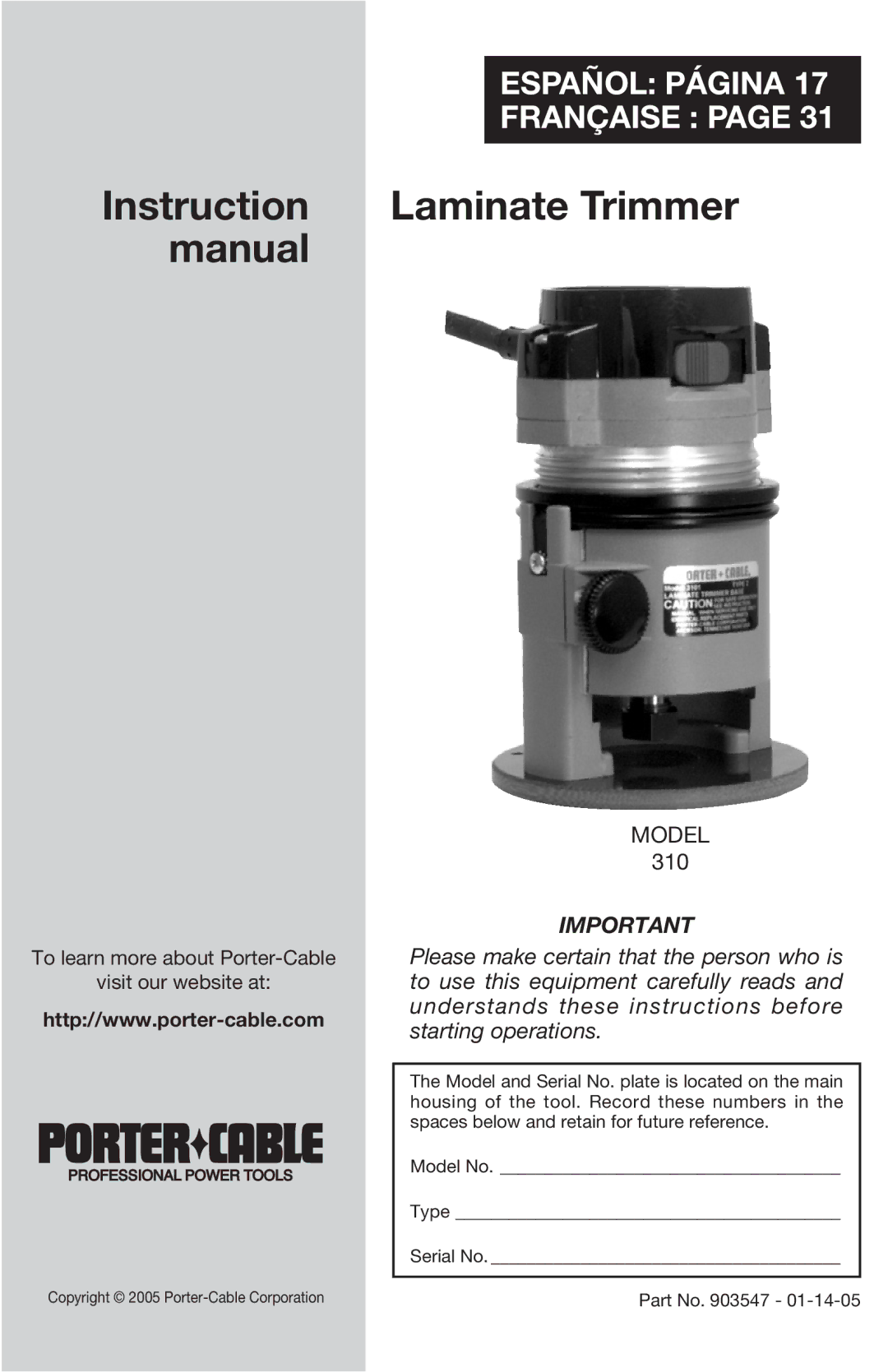 Porter-Cable 310 instruction manual Laminate Trimmer 