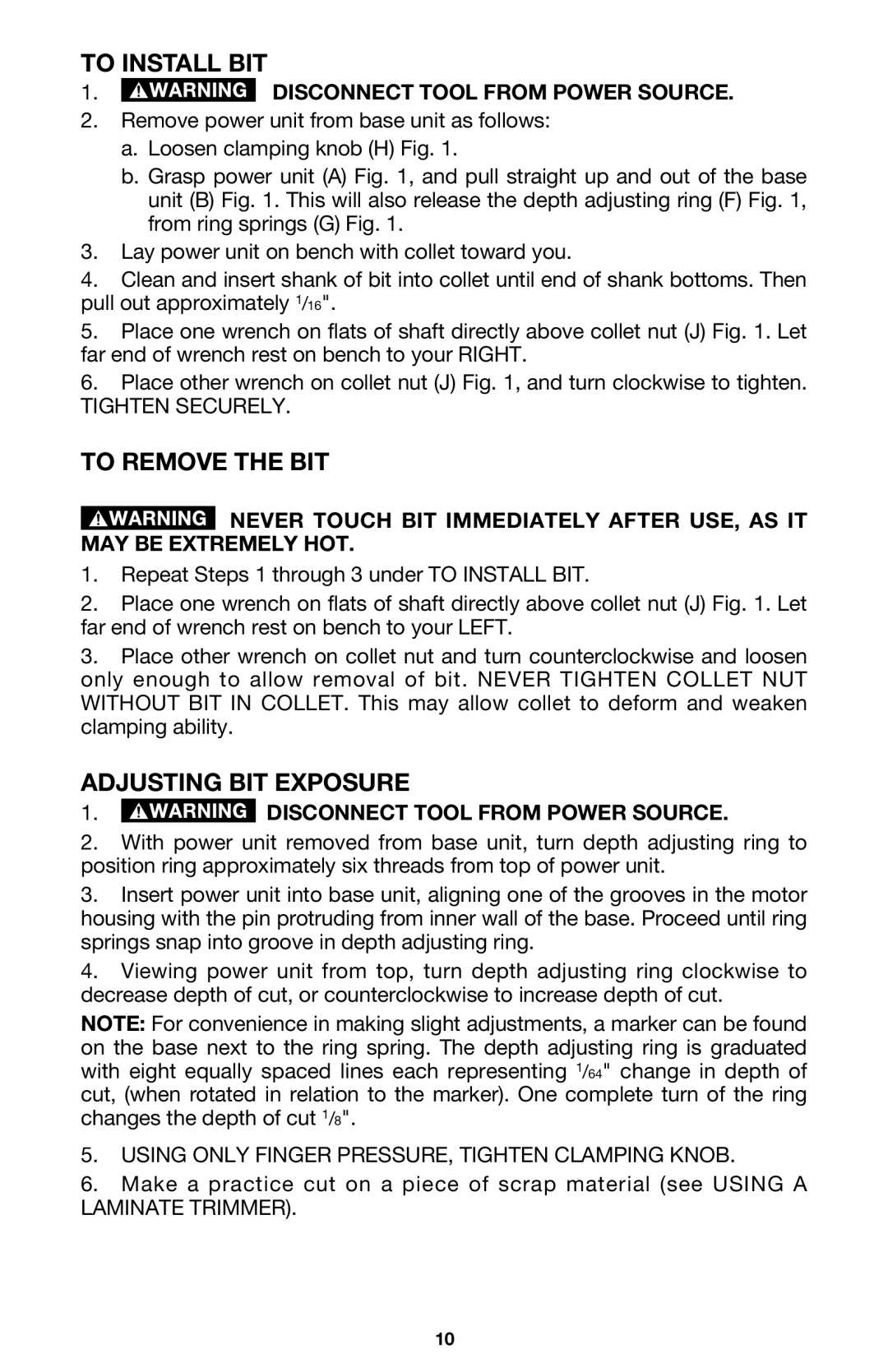 Porter-Cable 310 instruction manual To Install BIT, To Remove the BIT, Adjusting BIT Exposure 