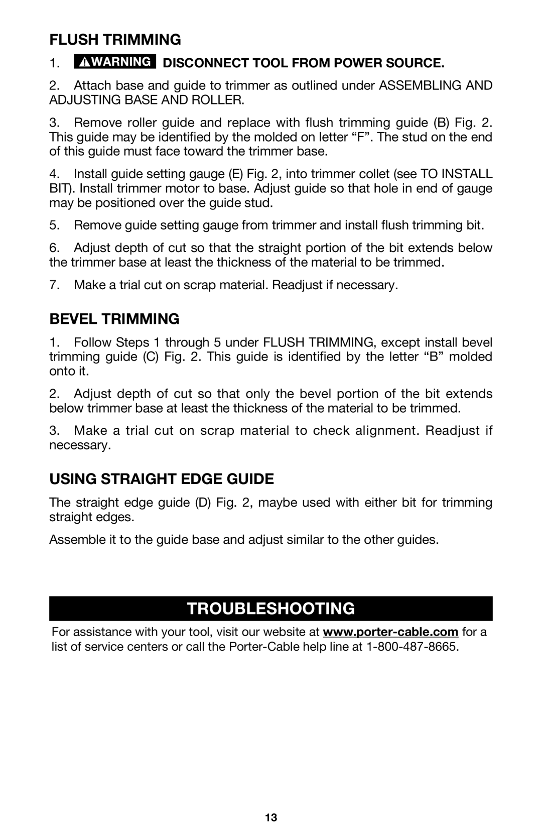 Porter-Cable 310 instruction manual Troubleshooting, Flush Trimming, Bevel Trimming, Using Straight Edge Guide 