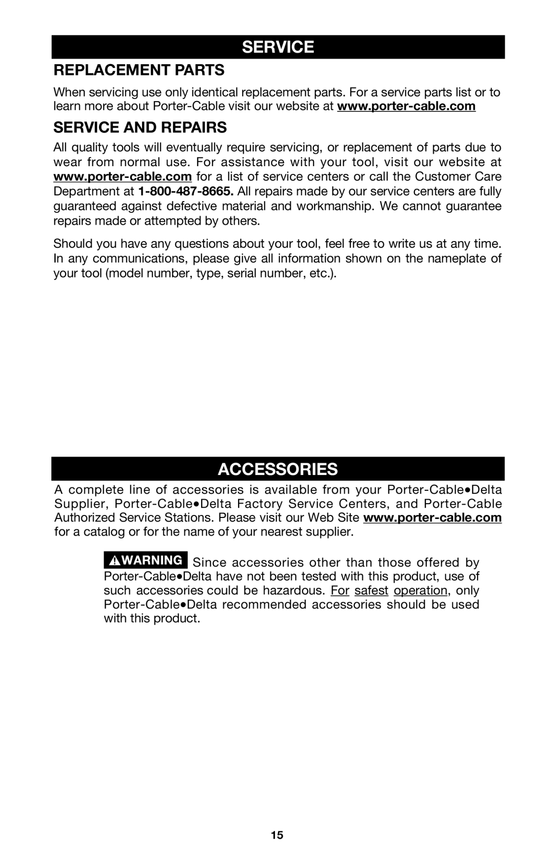 Porter-Cable 310 instruction manual Accessories, Replacement Parts Service and Repairs 