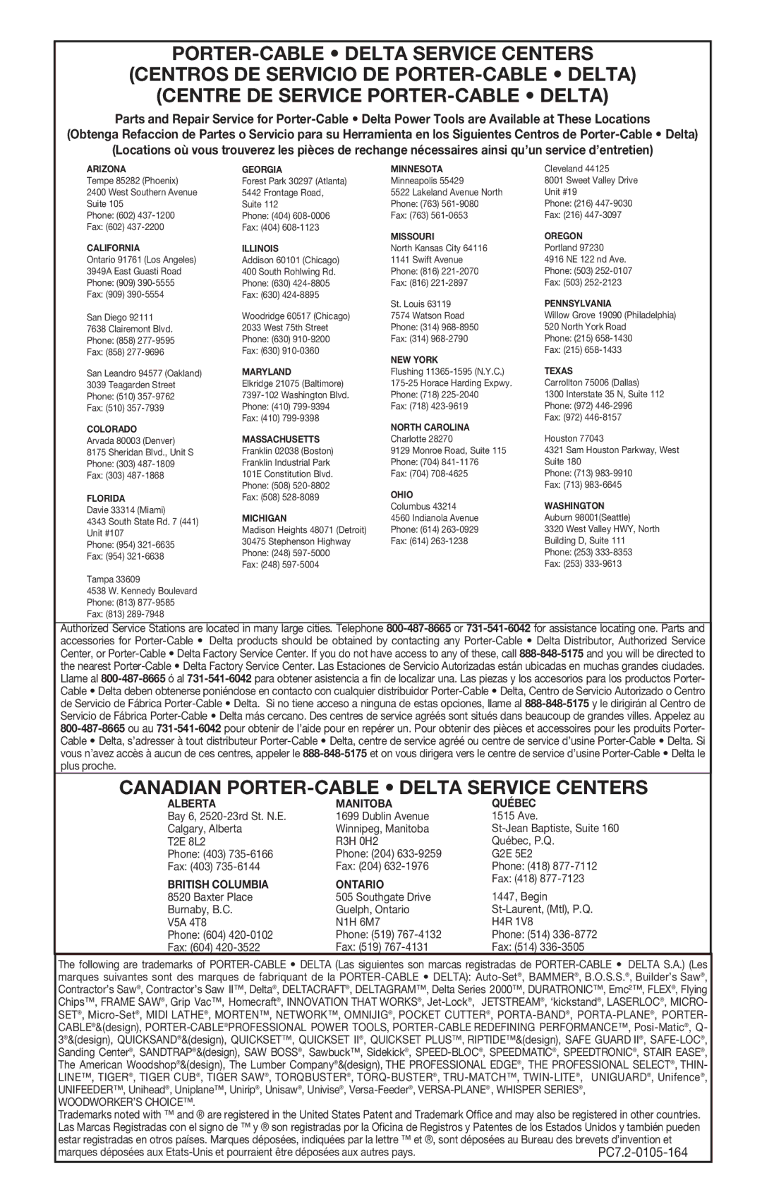 Porter-Cable 310 instruction manual Canadian PORTER-CABLE Delta Service Centers 