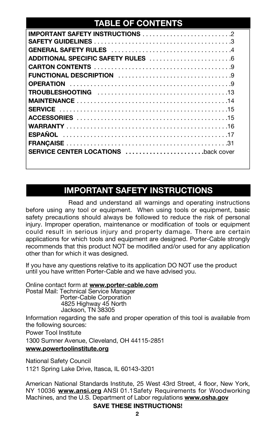 Porter-Cable 310 instruction manual Table of Contents, Important Safety Instructions 